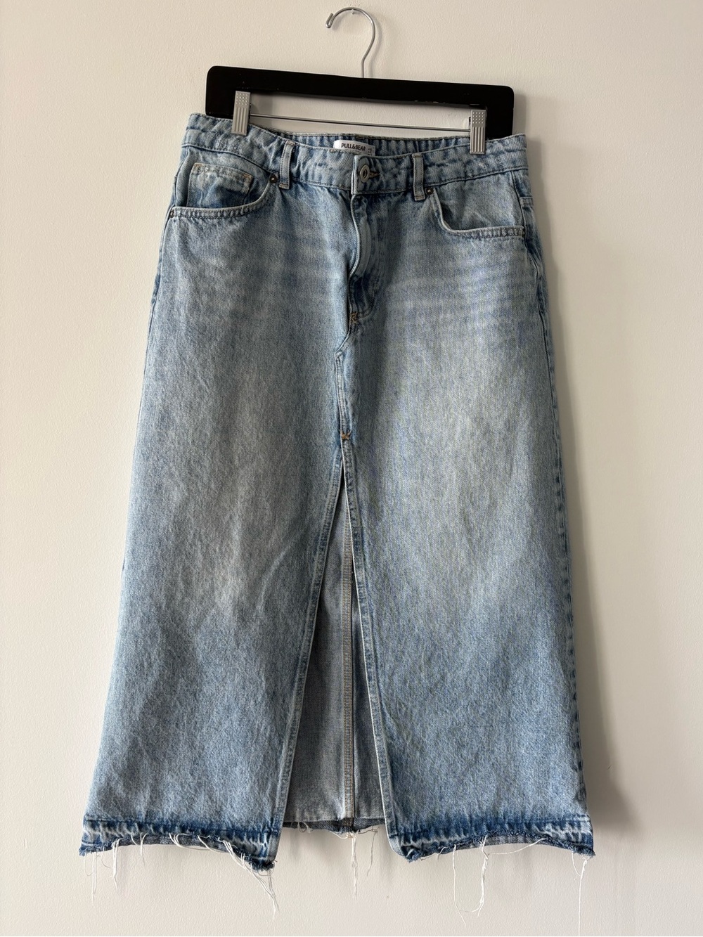 Pull&Bear Light Denim Midi Skirt with Front Slit Raw Hem XL